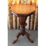 Victorian inlaid rosewood and mahogany trumpet shaped sewing table with inlaid chequer board octagon