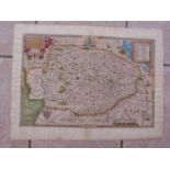 Saxton Christopher: Very rare 1574 hand-coloured engraved map of Norfolk, the first map ever produce