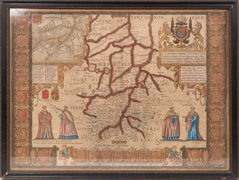 John Speede: 17th century hand-coloured engraved map of Cambridgeshire "Described With The