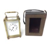 1960s French carriage clock in brass case 14cm in leather carrying case