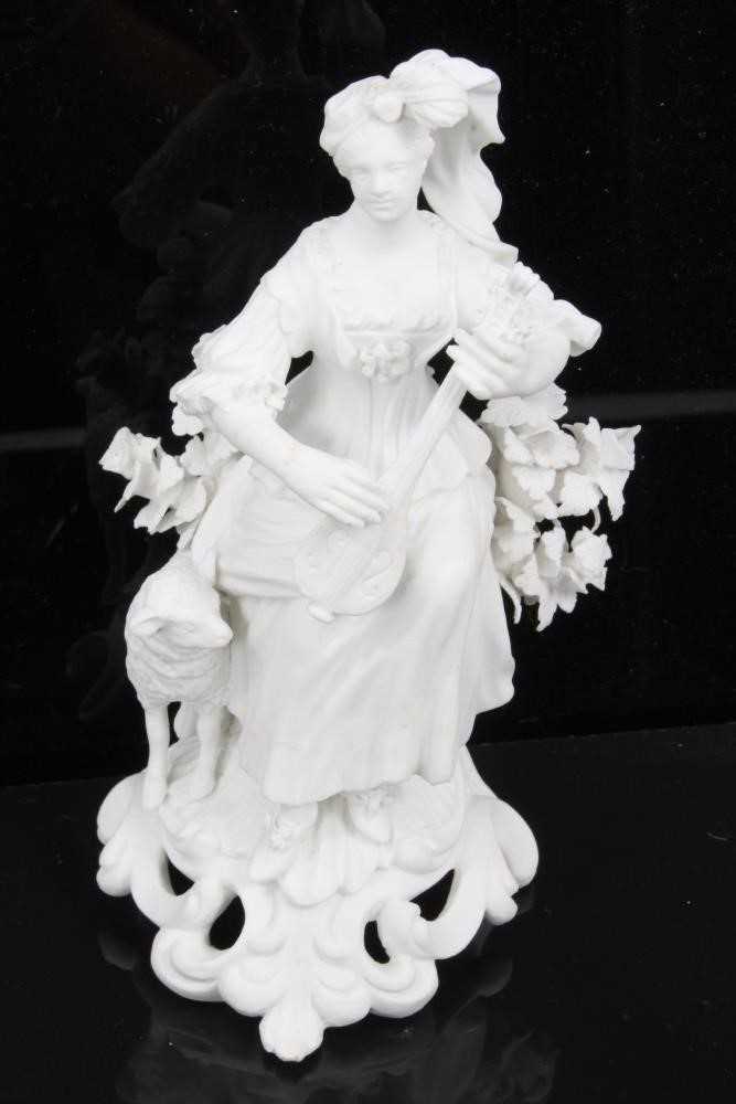 A pair of Derby bisque figures of a shepherd and shepherdess, shown seated on scrolled rococo bases, - Image 3 of 5