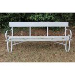 Victorian grey painted cast iron bench, with scrolling supports and slatted seat, 182cm