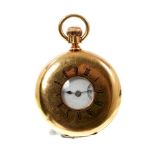 Late 19th century 18ct gold mid-size half hunter pocket watch with Waltham Royal button-wind movemen