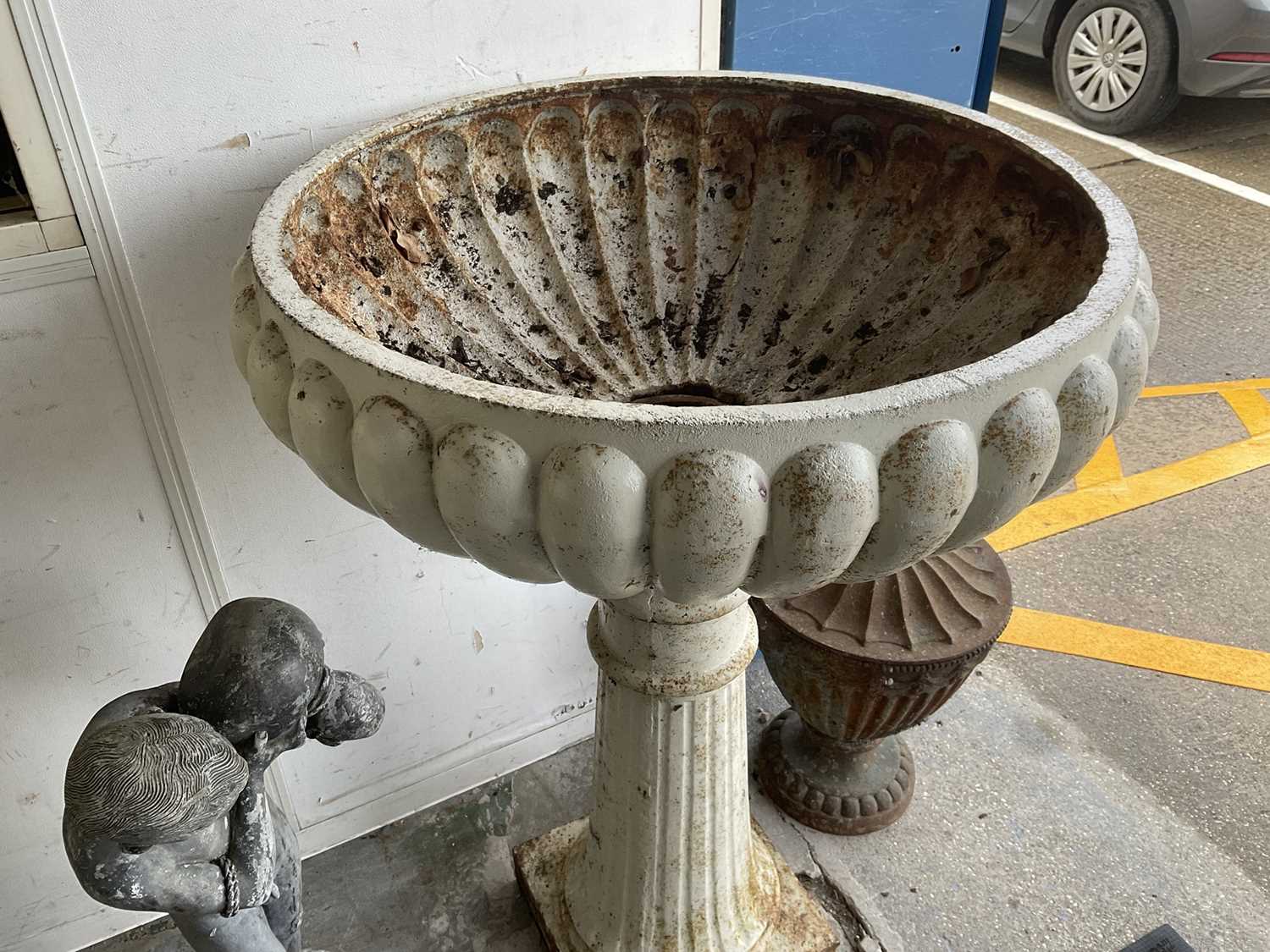 Pair antique white painted cast iron garden planters of lobed compressed form, on fluted splayed col - Image 2 of 5