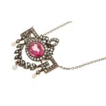 Edwardian Belle Époque diamond and gem-set pendant necklace in platinum and gold setting on platinum