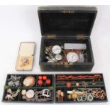 Victorian leather jewellery box containing items of antique jewellery