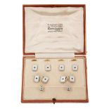 Set of Art Deco 18ct gold, platinum and mother of pearl cufflinks and dress studs with blue sapphire