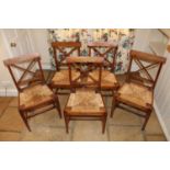 Set of five 19th century country fruitwood chairs with bar and X-formed backs and drop-in rush sets,
