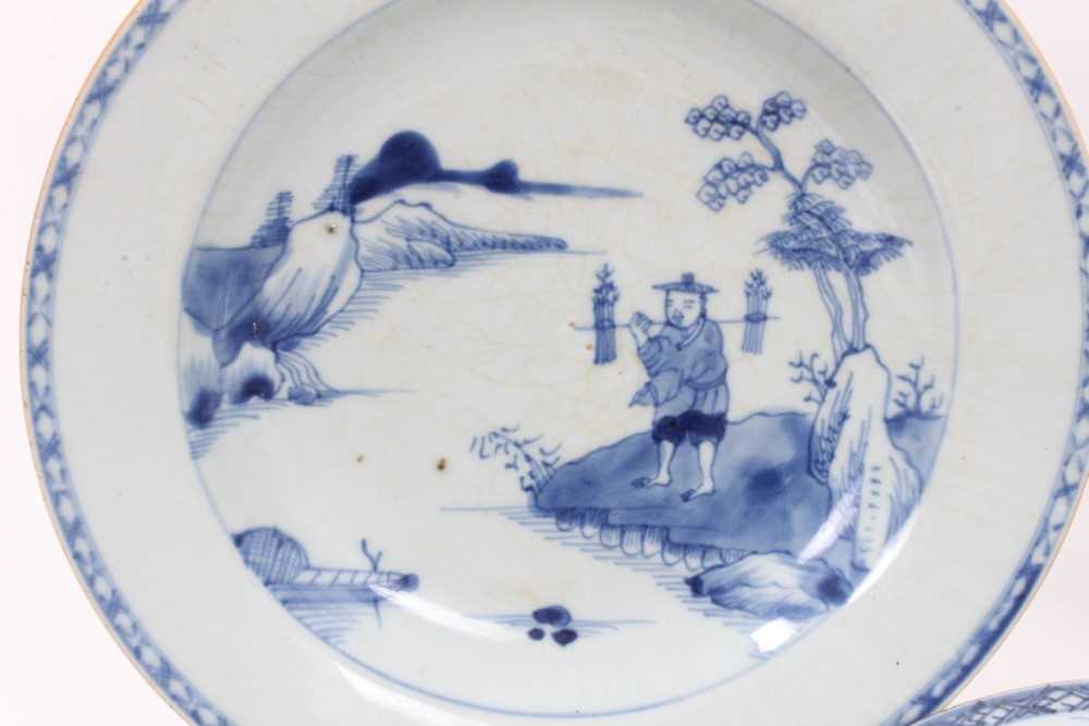 Four 18th Chinese export blue and white pudding bowls and two plates - Image 2 of 10
