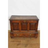 18th century Welsh oak coffer bach, with hinged top and triple fielded panel front over frieze drawe