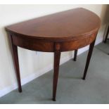 George III inlaid mahogany demi-lune card table with fold-over top inlaid with barber pole strung cr