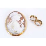 Carved shell cameo, signed, in 18ct gold mount brooch mount, together with pair of cameo earrings