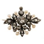 Victorian diamond and pearl brooch with old cut diamonds in silver collet setting on gold, in a late