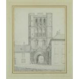 Crome, early 19th century pencil drawing - West Front at the Saxon Tower, Bury St. Edmunds, in glaze