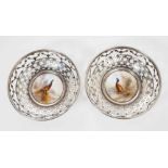 Pair unusual George V pierced silver bon bon dishes with inset Royal Worcester porcelain plaques pai