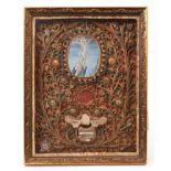 Early 19th century religious reliquary picture with piece of bone from Saint Celestin, watercolour p