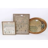 Early 19th century sampler, early Victorian sampler and an oval Georgian silkwork picture
