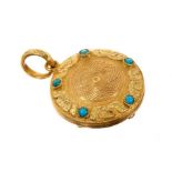 Regency yellow metal and turquoise vinaigrette of circular form with cast foliage and engine turned