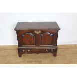 18th century welsh oak coffer bach, with twin fielded panel front and top rising on wooden hinges, w