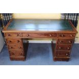 Late Victorian mahogany twin pedestal writing desk with leather lined top above an arrangement of ni