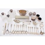 Selection of miscellaneous silver, including flatware, caddy spoon, and other items