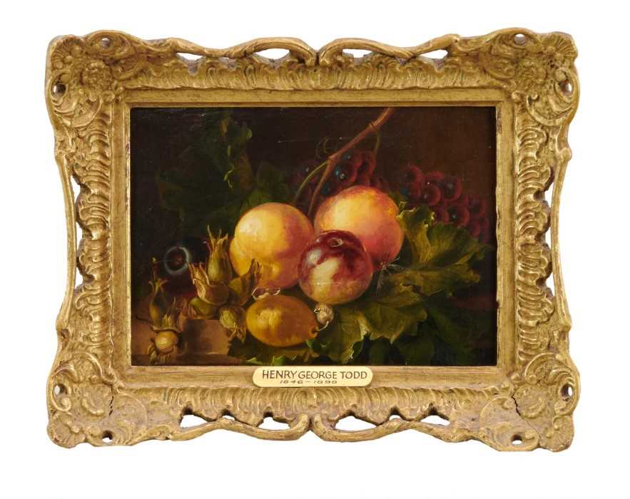 Henry George Todd (1846-1898) oil on panel - still life of fruit and hops, apparently unsigned, 16.5