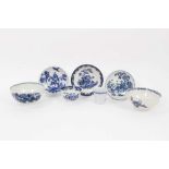 A group of 18th century blue and white Worcester porcelain, including a Fence pattern bowl, another