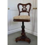 Victorian mahogany harpists' chair with shaped back and lyre support, revolving adjustable seat, on
