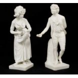 A pair of Derby bisque figures of gardeners, late 18th/early 19th century, modelled standing on squa