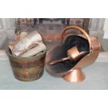 Antique brass bound fire bucket, together with a copper coal scuttle and scoop