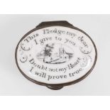 South Staffordshire enamel patch box ‘This pledge my dear…’ circa 1800