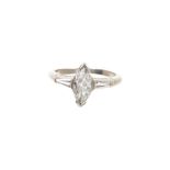 Diamond single stone ring with a marquise cut diamond weighing 0.92cts, accompanied by a diamond gra