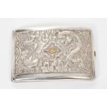Late 19th/early 20th century Chinese white metal cigarette case the cover with raised Dragon and fis