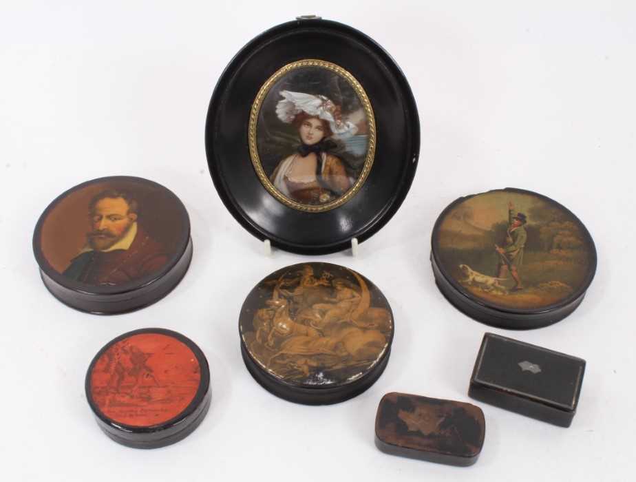 Group of 19th century papier mâché boxes and a portrait miniature