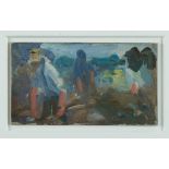 Harry Becker (1865-1928) oil on board, Men working, 10 x 19cm, glazed frame. Provenance: The Wildlif