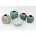 Group of antique Chinese ceramics, including three green-glazed jars, a polychrome jar, and a blue a