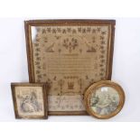 Two 19th century hair work pictures and a sampler dated 1837