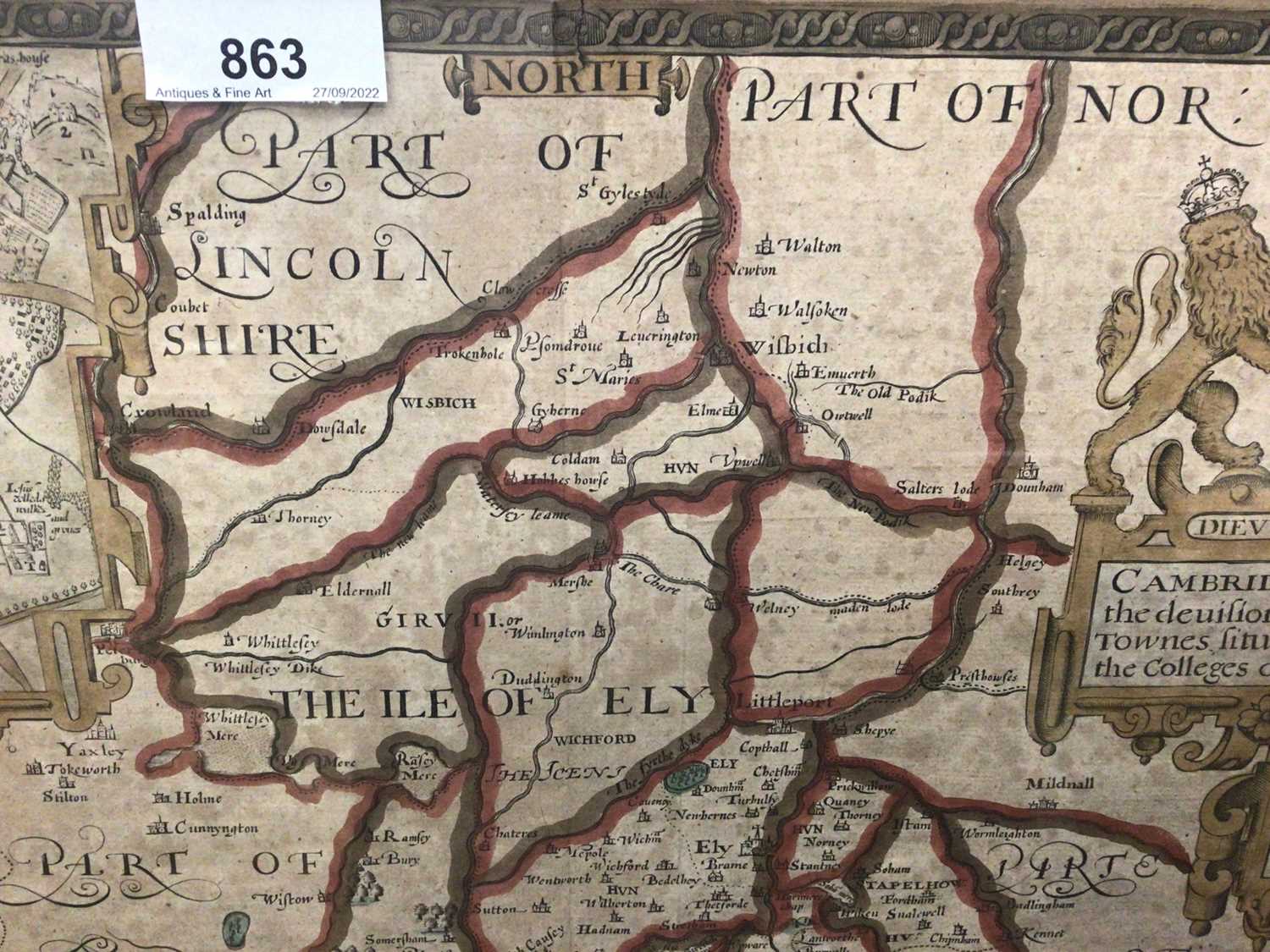 John Speede: 17th century hand-coloured engraved map of Cambridgeshire "Described With The - Image 3 of 10