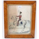 Regency hand tinted military engraving after Richard Dighton, birds eye maple frame.