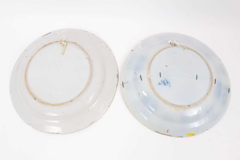 Two 18th century blue and white Dutch delftware dishes, one painted with the Peacock pattern, the ot - Image 4 of 5