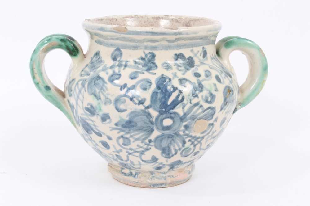 An unusual Italian maiolica twin-handled pot, with blank scrollwork cartouche, probably an apothecar - Image 2 of 4