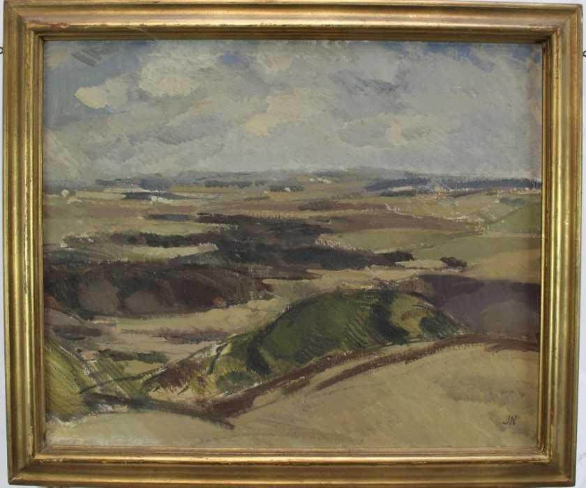 John Nash (1932-2018) oil on canvas - Extensive Landscape, initialled, 51cm x 61cm, in gilt frame