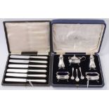 Mappin & Webb silver cruet set i and a set of six silver handled tea knives i