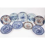 Nine 18th century Chinese porcelain dishes, including five blue and white, and two Imari style
