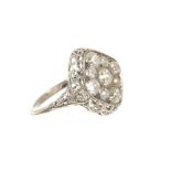 Art Deco diamond cluster ring with a marquise shaped cluster of old cut diamonds in platinum setting