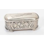 Late 19th century Chinese silver hairpin box with hinged cover of oval form with prunus decoration o