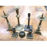 18th century bell metal candlestick on hexagonal base, 18th Century bell metal candlestick on square