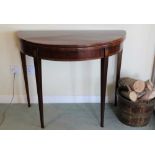 George III inlaid mahogany demi-lune tea table with fold-over top, on square taper legs, 90cm x 44cm