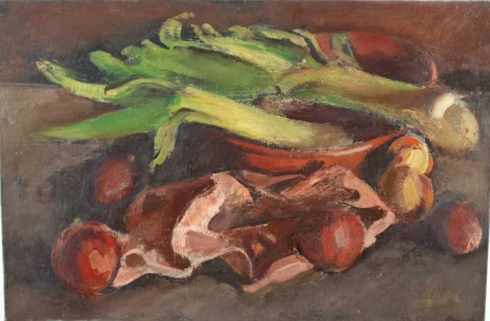 Bernard Meninsky (1891-1950) oil on canvas still life study- onions and leeks