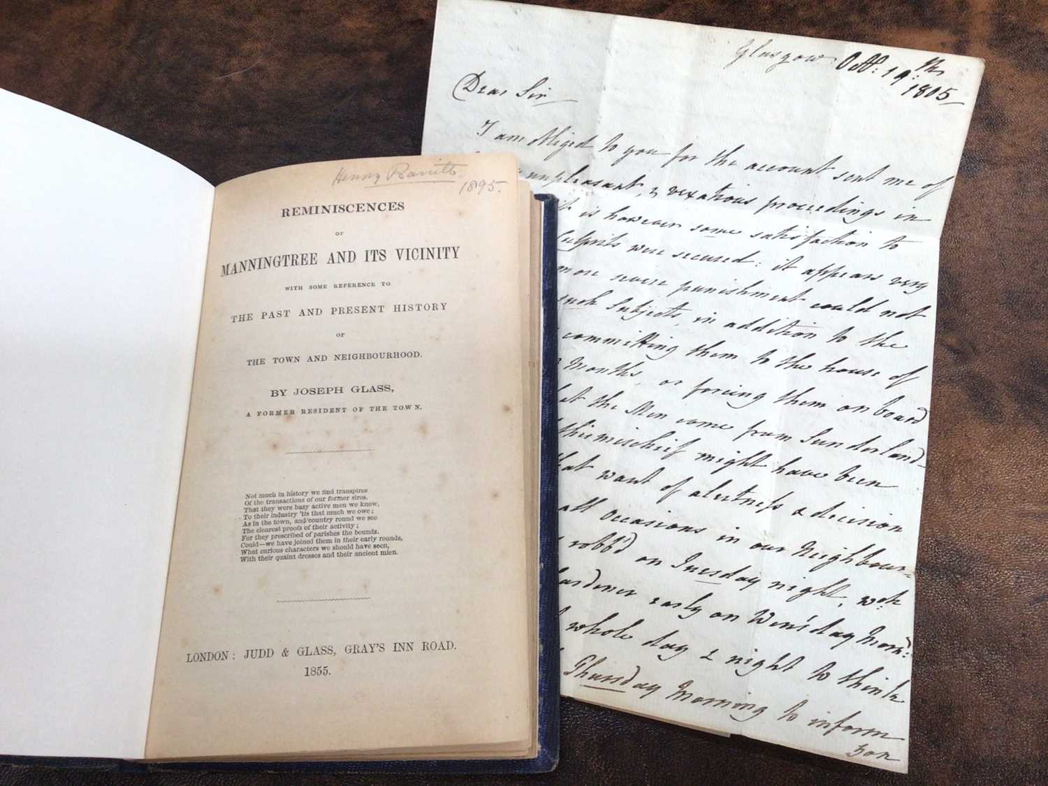 Manningtree interest: Joseph Glass - Reminiscences of Manningtree and it's Vicinity, 1855, original